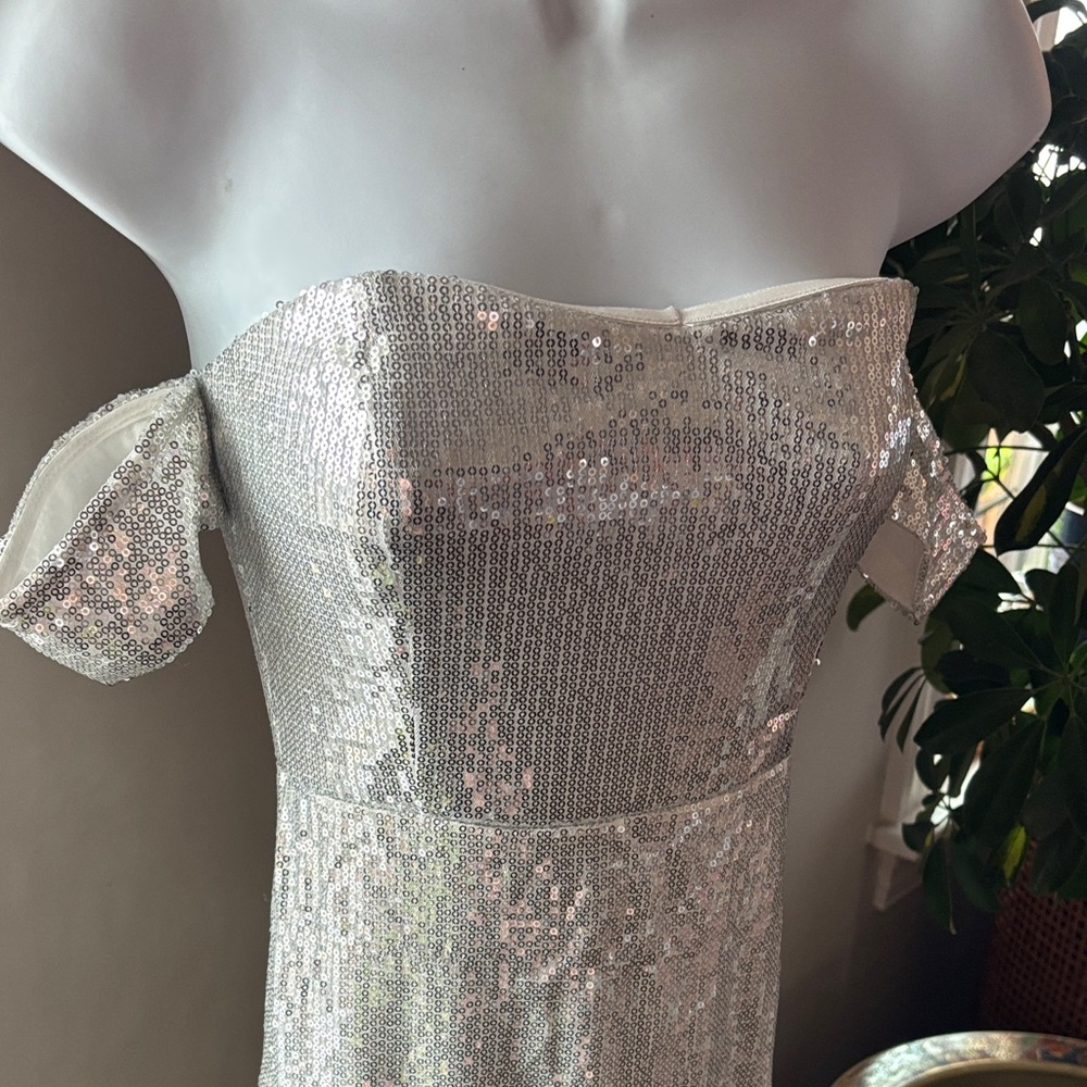 NWT PrettyLittleThing Silver Sequin Off-Shoulder Prom Dress - Picture 2 of 11